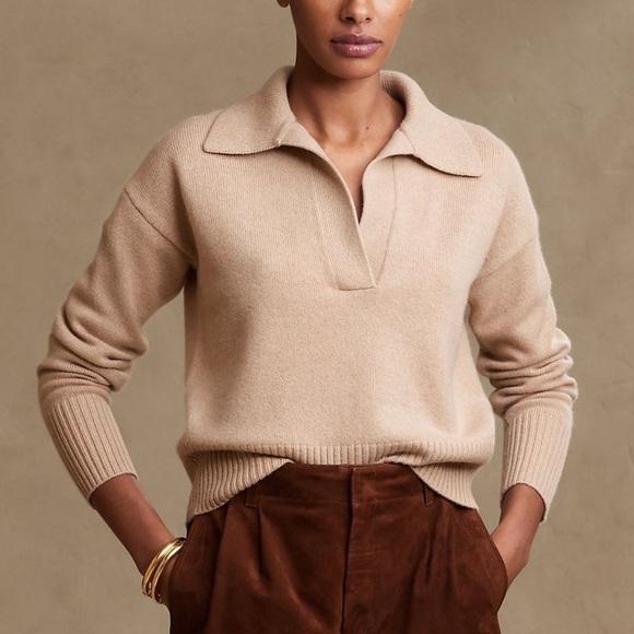 Banana Republic Beige Luna Cashmere Jumper Polo Tan Collared Sweater XL - Picture 4 of 14